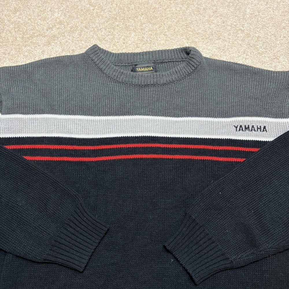 Vtg Yamaha Sweater Mens Large Black Gray Striped Knit Crewneck Racing 70s 80s
